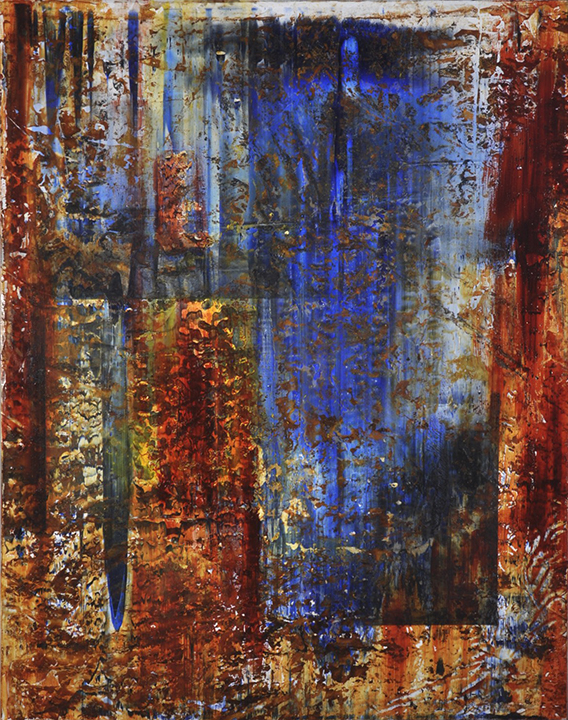"Blue Overlay" by Robyn Horn - original acrylics, rust, and charcoal painting on canvas