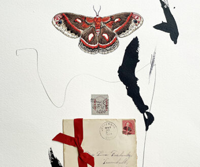 "Robin" by Jeri Hillis (c) - 24"h x18"w - watercolor, collage, ink, and graphite on paper