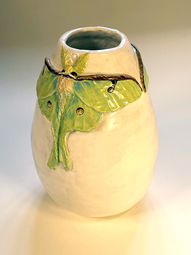 "Luna Moth" by Jeri Hillis (c) - 7"h x 5"dia. - ceramic vessel