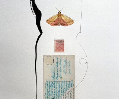 "Virbia Moth" by Jeri Hillis (c) - 24"h x 18"w - watercolor, collage, ink, and graphite on paper