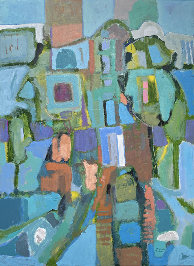 "Construction in Blue" by Dan Thornhill (c) - 48"h x 36"w - mixed media on board original painting