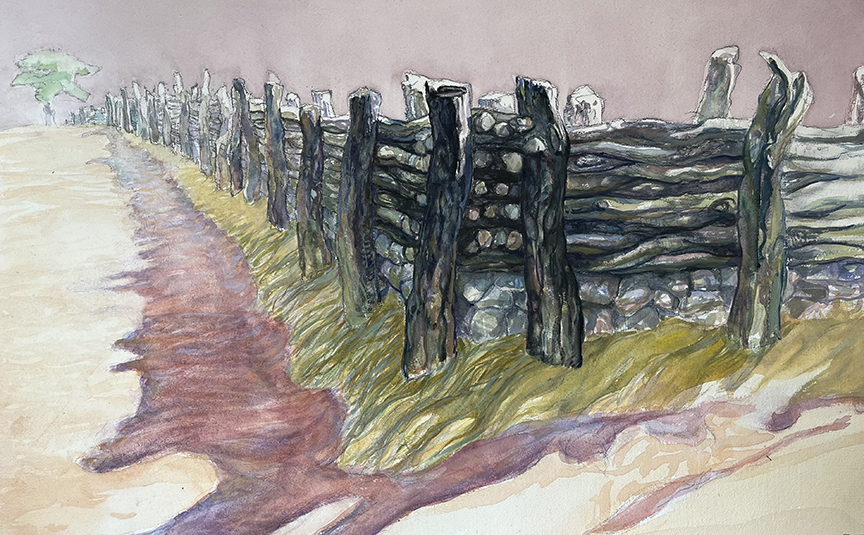 "Mesquite Fence Corner II" by Mark Blaney (c) - watercolor on paper original painting