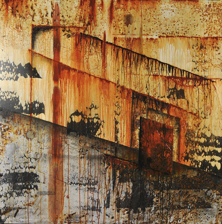 "Evidence of Time" by Robyn Horn (c) - 48"h x 48"w - acrylics and rust on canvas painting