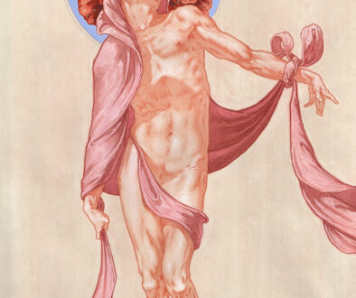 "Figure and Pose Study for the Birth of Adonis" by Randall Good (c) - 18"h x 13"w - pen and ink, white chalk, pastel, colored pencil, and watercolor on paper