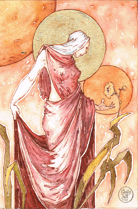 "Concept Sketch: Nayabella Acknowledging the Return of Summer" by Randall Good (c) - 6"h x 4"w - pen and ink, watercolor, and 22.5k Red Gold Leaf on paper