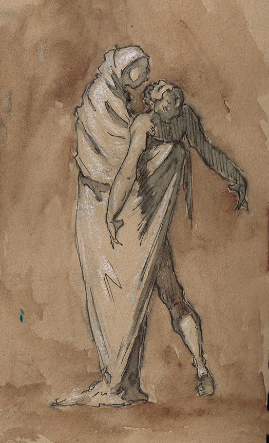 "Concept Sketch: Mary Preparing to Lower the Body of Christ" by Randall Good (c) - 6"h x 4.5"w - pen and ink with wash and white chalk on paper