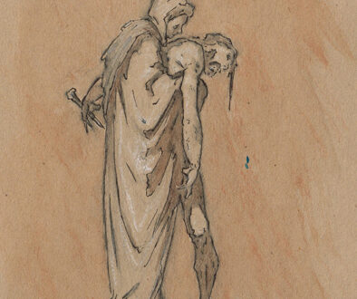 "Concept Sketch: Mary Receiving the Body of Christ" by Randall Good (c) - 6"h x 4.5"w - pen and ink with wash and white chalk on paper