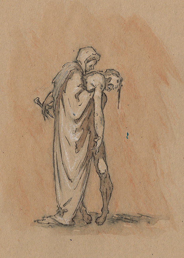 "Concept Sketch: Mary Receiving the Body of Christ" by Randall Good (c) - 6"h x 4.5"w - pen and ink with wash and white chalk on paper