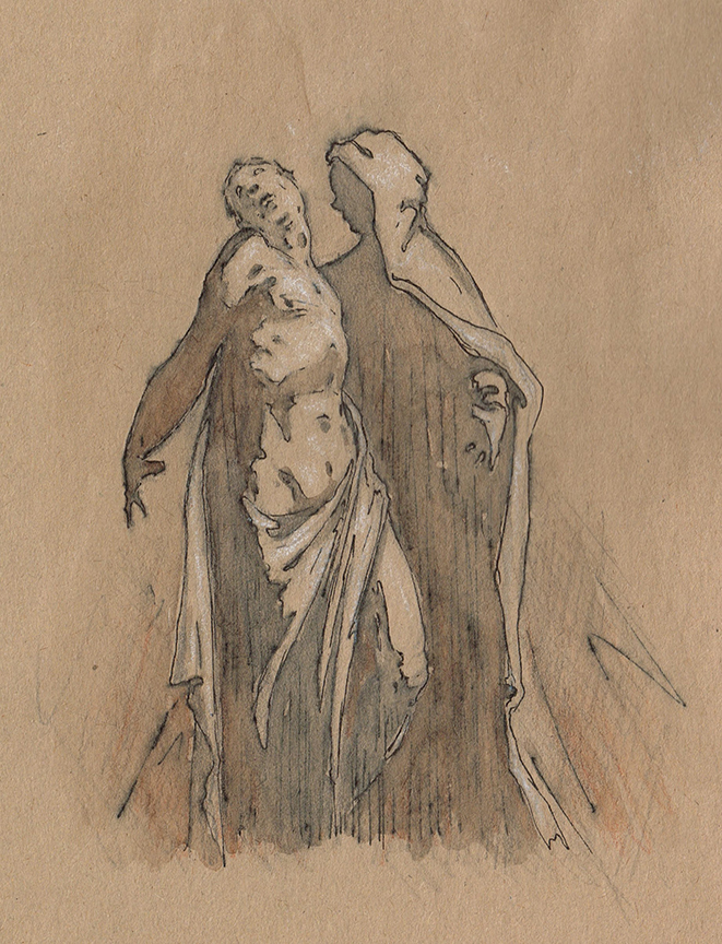 "Concept Sketch: Mary Weeping Over the Body of Christ" by Randall Good (c) - 6"h x 4.5"w - pen and ink with wash and white chalk on paper