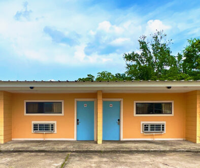 "Motel, Peach and Blue" by Andie Roberts (c) - 5"h x 5"w - fine art print - edition 1/10