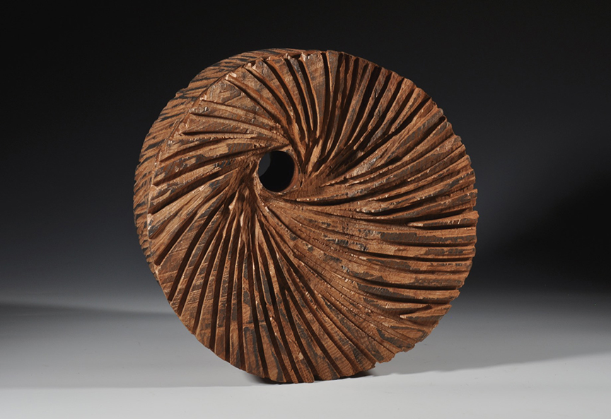 #1369 "Swirling Millstone" by Robyn Horn (c) - 12"h x 12"w x 8"d - Redwood