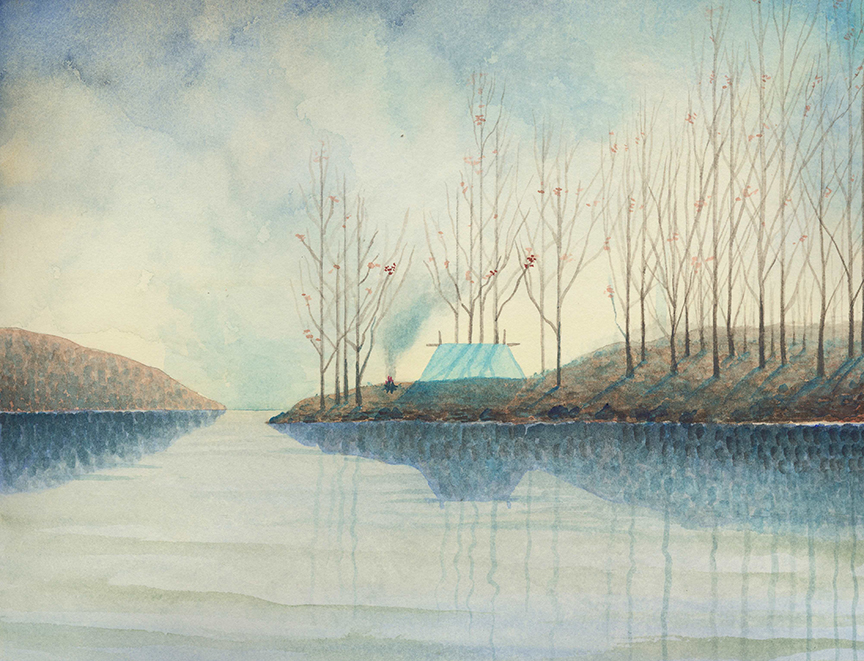 "Lake Camp" by Michael Francis Reagan (c) - 16"h x 19"w - watercolor on paper