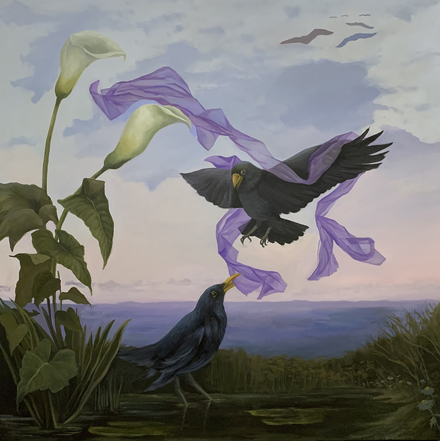 "Two Blackbirds" by Kathryn Sixbey (c) - 36"h x 36"w - oil on canvas
