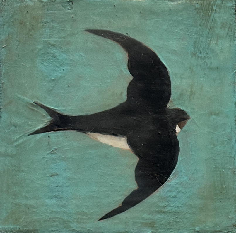 "Swallow 3" by Jeni Stallings (c) - 5"h x 5"w - oil and encaustic on board