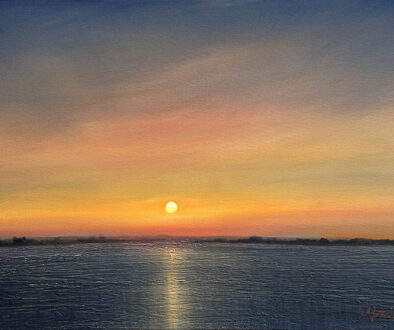 "Autumn Sketch" by Matthew Hasty (c) - 11"h x 14"w - oil on canvas painting of sunset over water