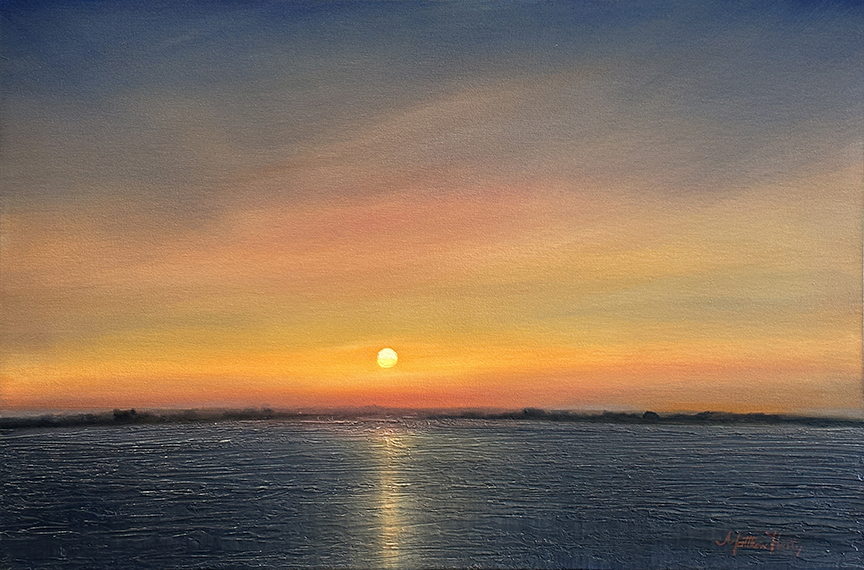 "Autumn Sketch" by Matthew Hasty (c) - 11"h x 14"w - oil on canvas painting of sunset over water