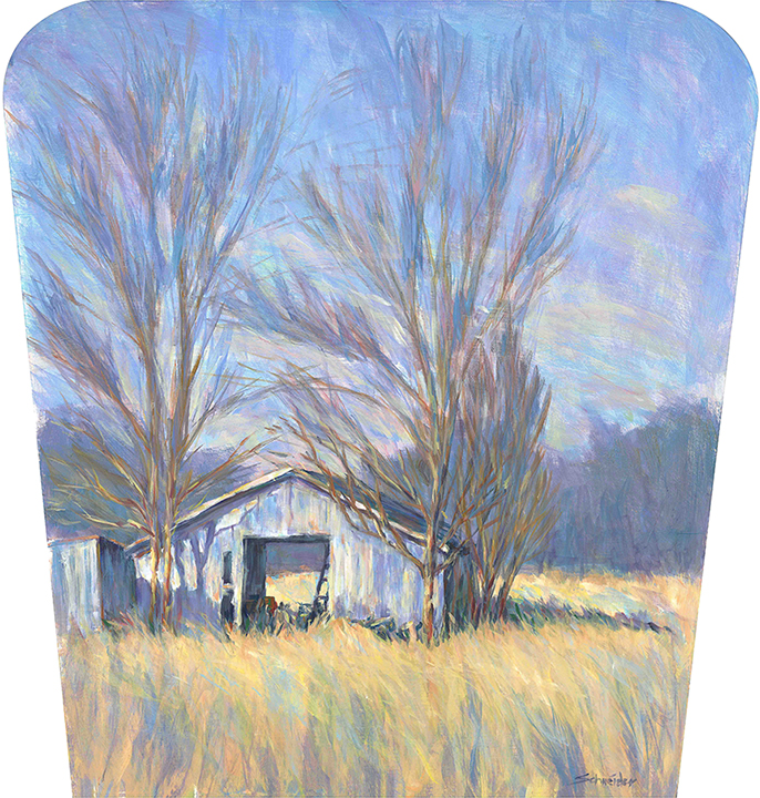 "Barn" by Steven Schneider (c) - 48"h x 45"-36"w x 3"d - acrylic on board