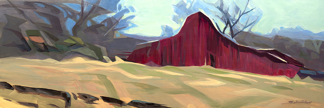 "Red Barn" by Steven Schneider (c) - 12"h x 36"w - acrylic on board