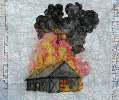 "Uncontrolled Burn II" by Laura Raborn (c) - 16"h x 12"w - mixed media on paper