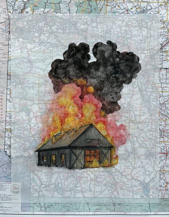 "Uncontrolled Burn II" by Laura Raborn (c) - 16"h x 12"w - mixed media on paper