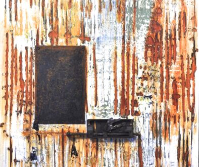 #869 "Industrial Layers No. 5" by Robyn Horn (c) - 32"h x 24"w - acrylics, rust, and steel on wood panel