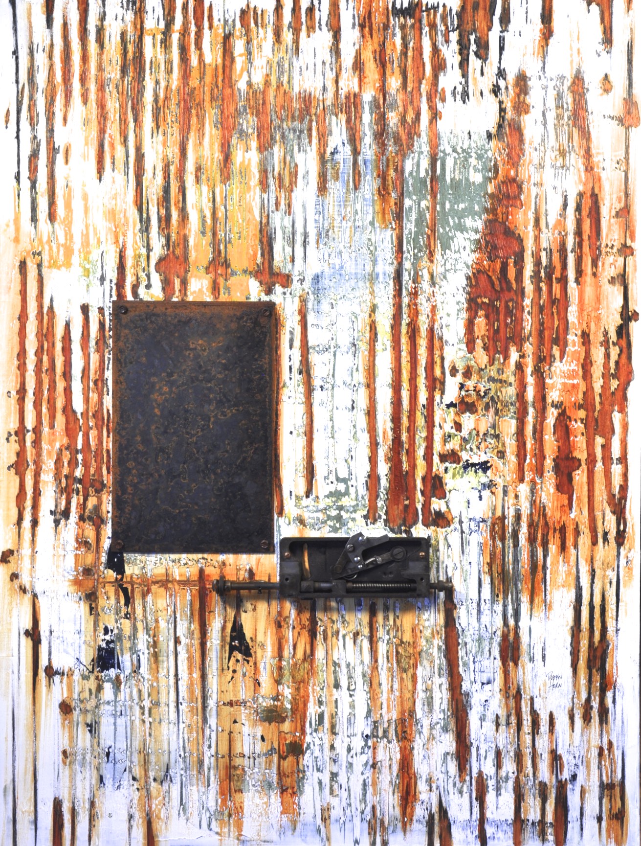 #869 "Industrial Layers No. 5" by Robyn Horn (c) - 32"h x 24"w - acrylics, rust, and steel on wood panel