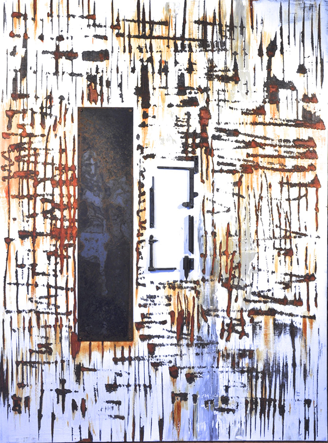 #870 "Industrial Layers No.6 - Rectangles" by Robyn Horn (c) - 48"h x 36"w - acrylics, rust, and steel on wood panel