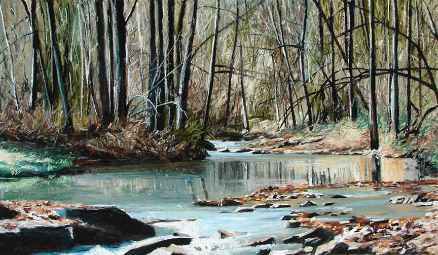 #438 "Shallow Creek" by Dennis McCann (c) - 22"h x 38"w - pastel on paper