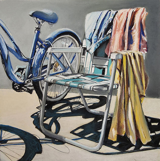 #902 "Draped Lawn Chair with Bike" by Dennis McCann (c) - 20"h x 19"w - pastel on paper