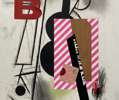 "B-Bop Still Life with Black Guitar" by Ted Barnes (c) - 24"h x 18"w - mixed media collage on paper
