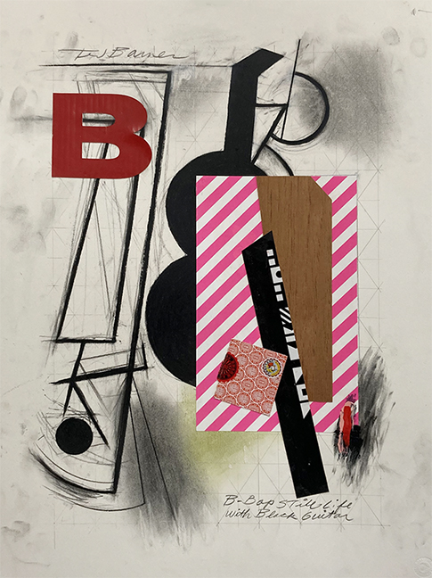 "B-Bop Still Life with Black Guitar" by Ted Barnes (c) - 24"h x 18"w - mixed media collage on paper