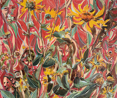 "Hidden in Ashy Sunflowers" by Emily Wood (c) - 24"h x 18"w - acrylic on wood panel