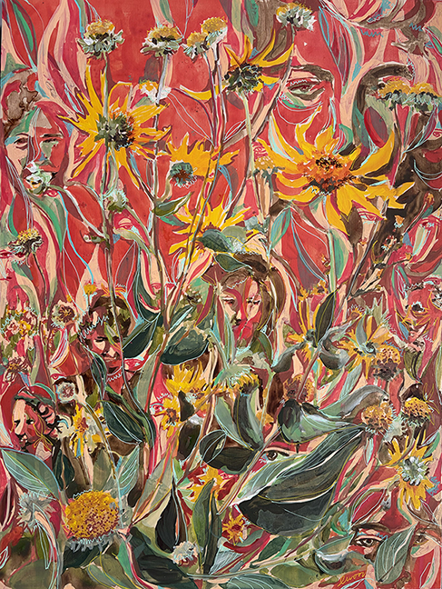 "Hidden in Ashy Sunflowers" by Emily Wood (c) - 24"h x 18"w - acrylic on wood panel