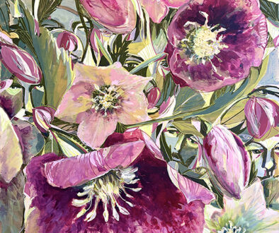 "Hidden in Big Pink Hellabores" by Emily Wood (c) - 40"h x 30"w - acrylic on wood panel