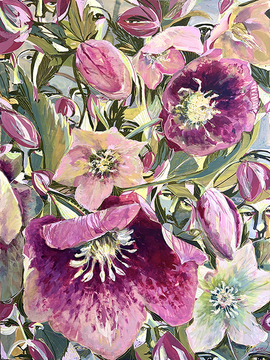 "Hidden in Big Pink Hellabores" by Emily Wood (c) - 40"h x 30"w - acrylic on wood panel