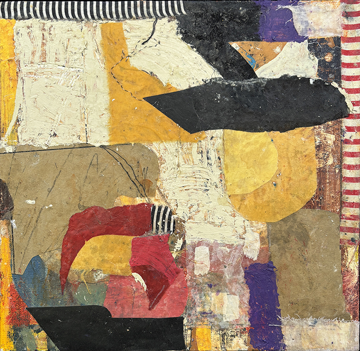 "Emerging: agitated; illusion No.1" by Sammy Peters (c) - 14"h x 14"w - oil, wax, resin, collage on canvas