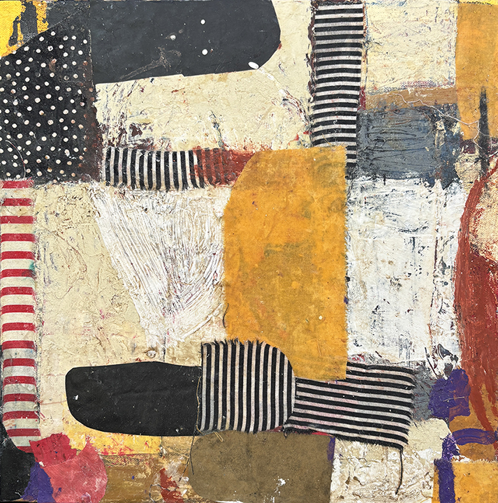 "Emerging: agitated; illusion No.2" by Sammy Peters (c) - 14"h x 14"w - oil, wax, resin, collage on canvas