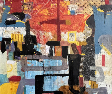 "Reprimand: vanishing; retreat" by Sammy Peters (c) - 60"h x 48"w - oil, wax, resin, collage on canvas