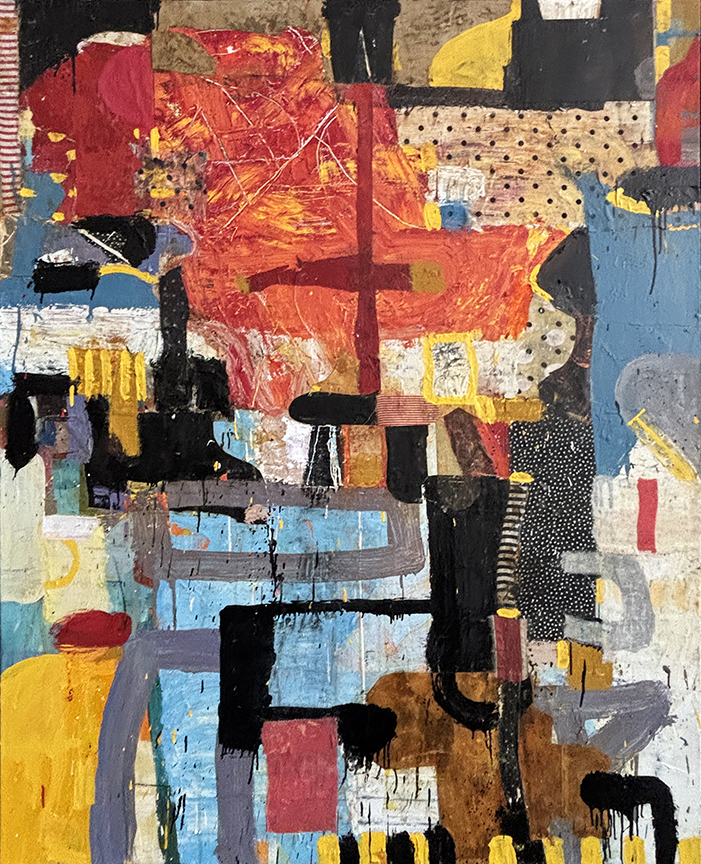 "Reprimand: vanishing; retreat" by Sammy Peters (c) - 60"h x 48"w - oil, wax, resin, collage on canvas