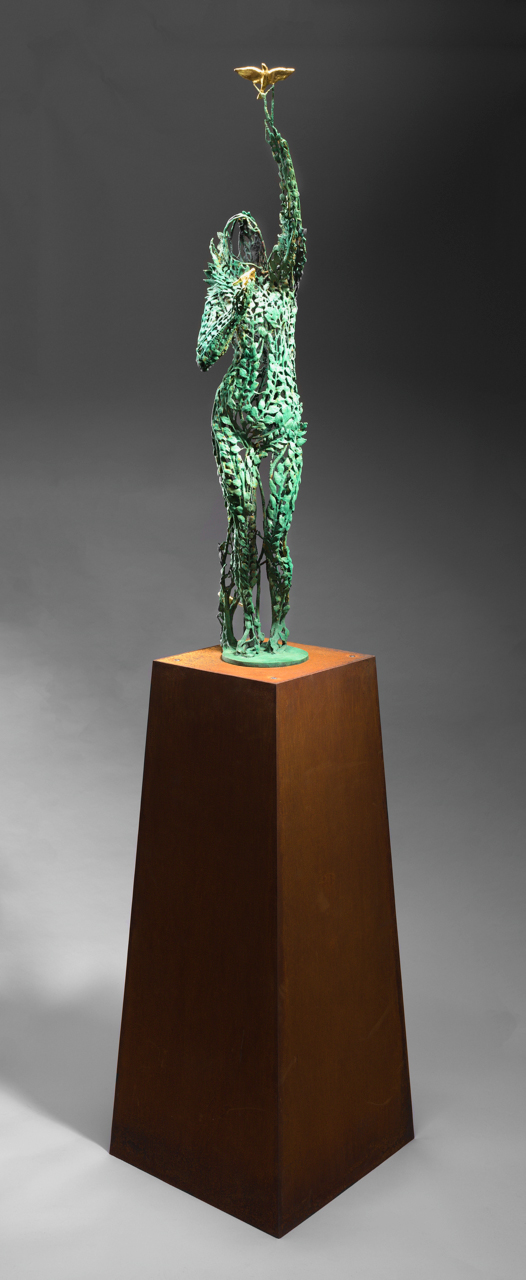 "The Mentor" (half scale) by Michael Warrick (c) - 84"h x 18"w x 18"d - bronze, 23k gold leaf, and cor-ten steel