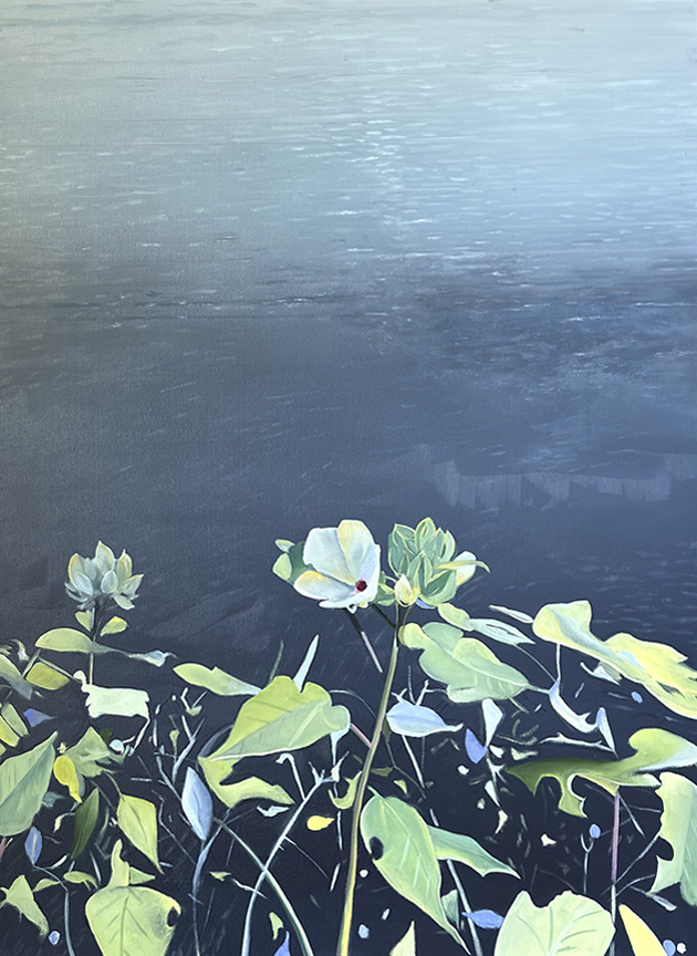 "Wild Hibiscus by Lake" by Peter Sixbey (c) - 48"h x 36"w - oil on canvas